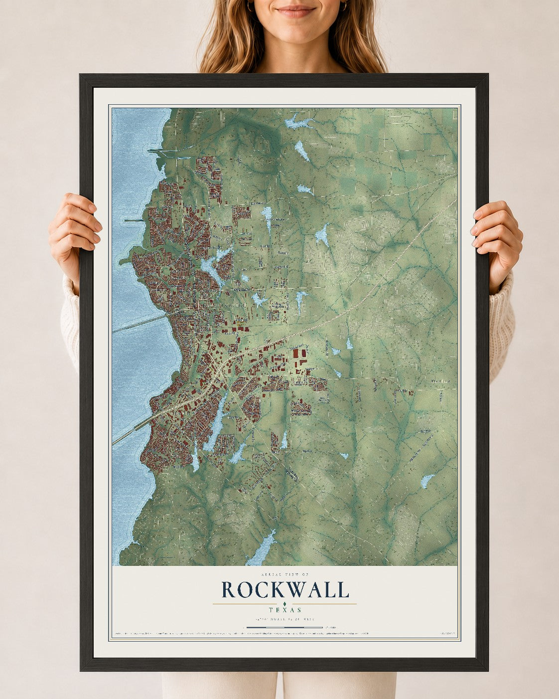 Map of Rockwall, Texas, 24 x 36 inch print in a black wood frame