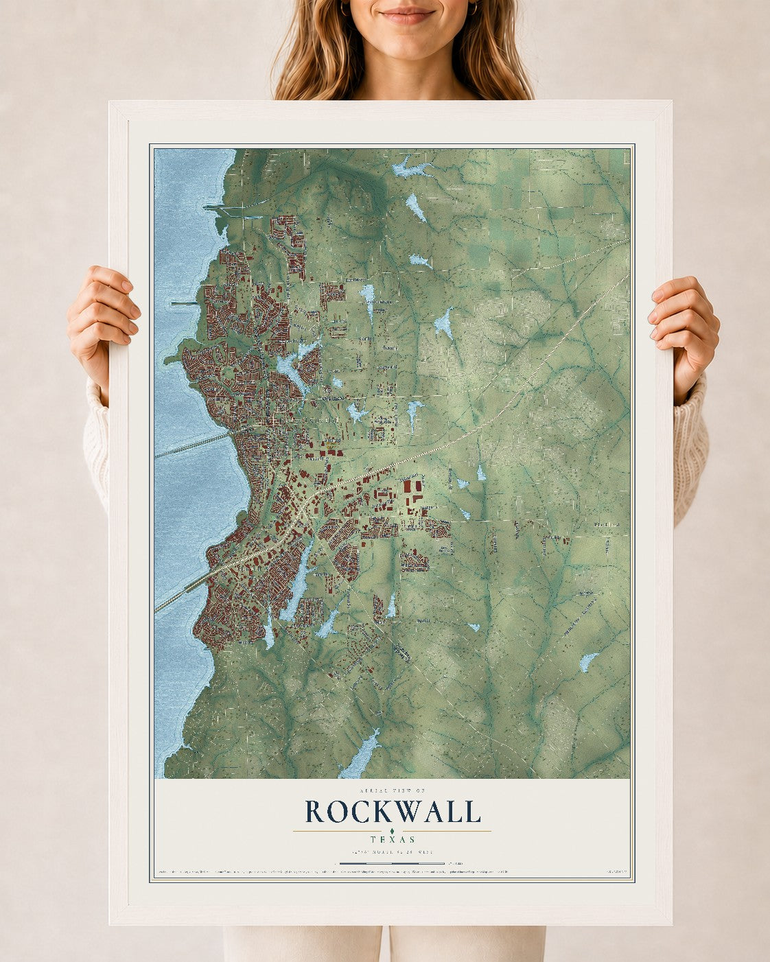 Map of Rockwall, Texas, 24 x 36 inch print in a white wood frame