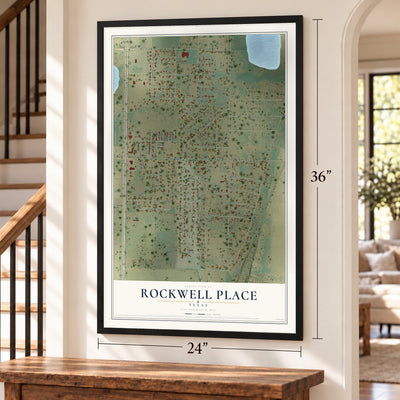 Rockwell Place, Texas map, 24 x 36 inch print in a black frame by a staircase