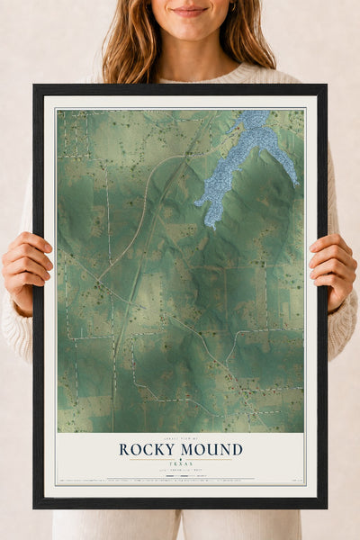 Map of Rocky Mound, Texas, 18 x 24 inch print in a black wood frame