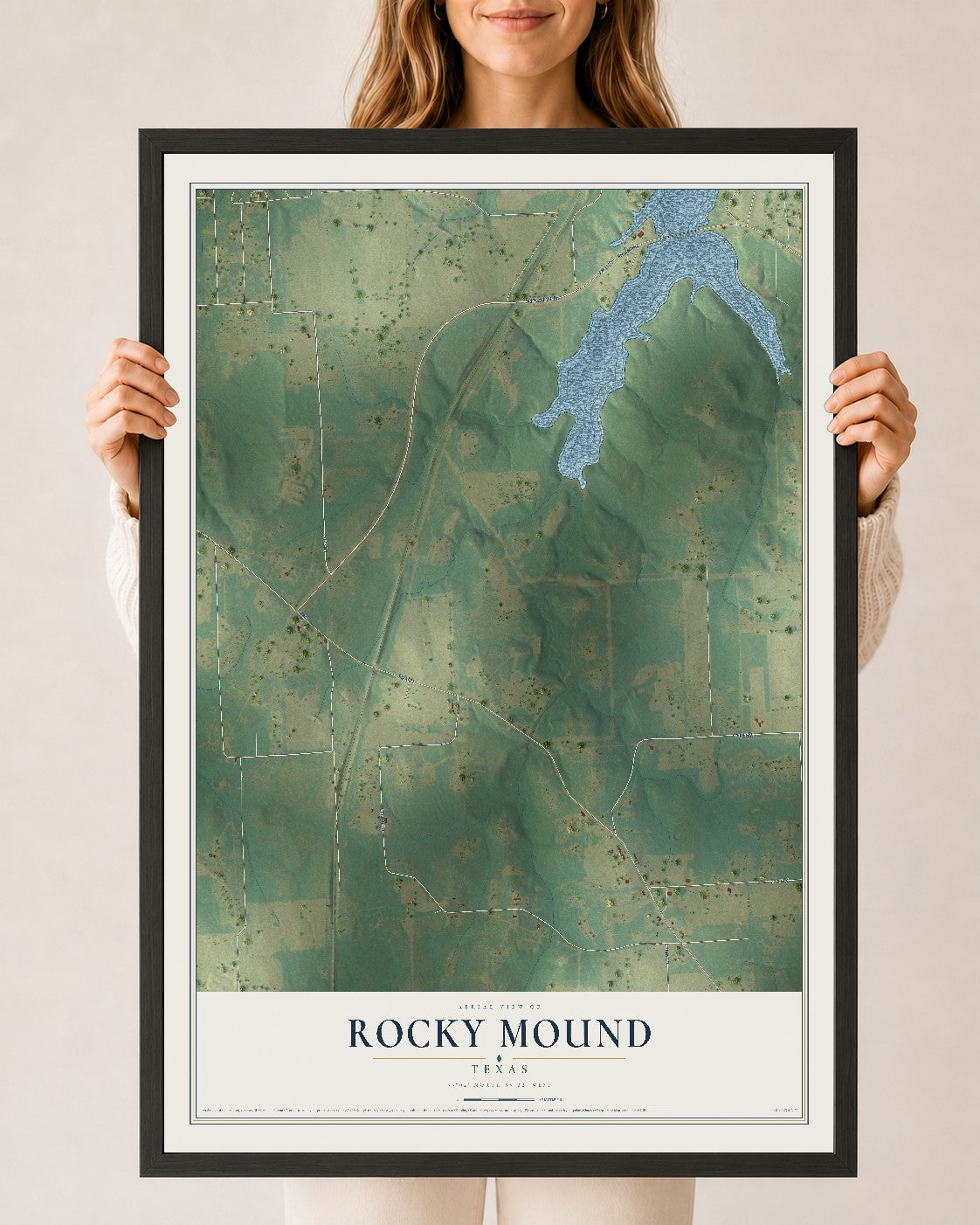 Map of Rocky Mound, Texas, 24 x 36 inch print in a black wood frame