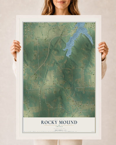 Map of Rocky Mound, Texas, 24 x 36 inch print in a white wood frame