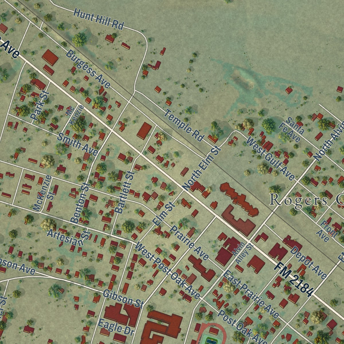 Close-up of the map of Rogers, Texas print showing street and building detail