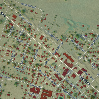 Close-up of the map of Rogers, Texas print showing street and building detail