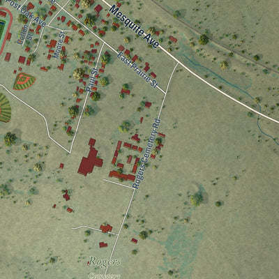 Second close-up of the map of Rogers, Texas print showing more streets and buildings