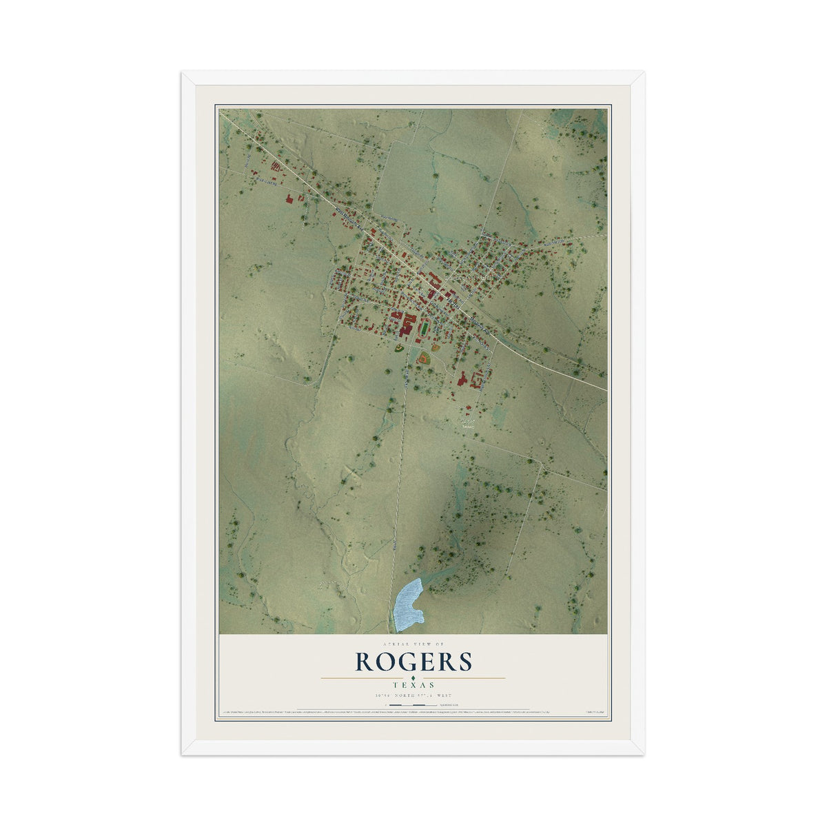 Map of Rogers, Texas, 12 x 18 inch print in a white wood frame