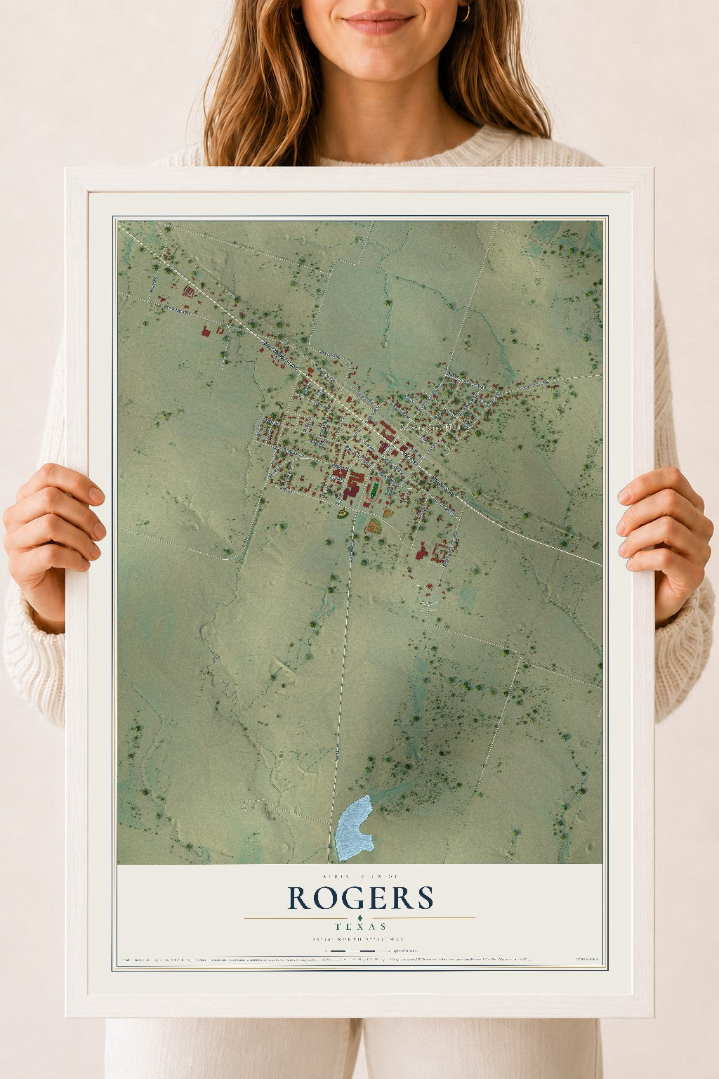 Map of Rogers, Texas, 18 x 24 inch print in a white wood frame