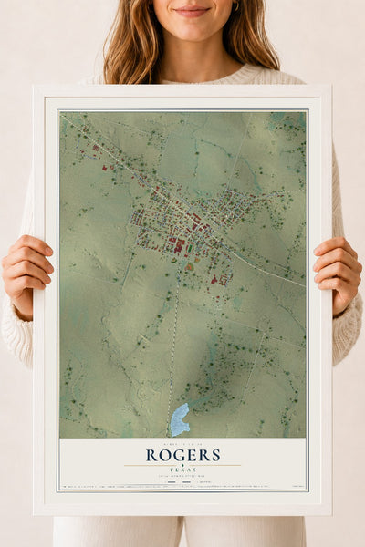 Map of Rogers, Texas, 18 x 24 inch print in a white wood frame