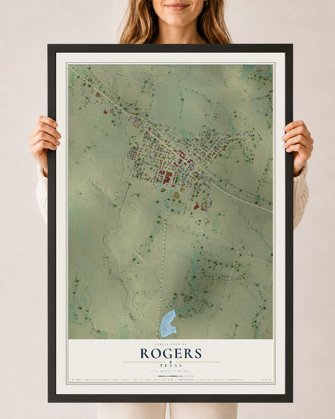 Map of Rogers, Texas, 24 x 36 inch print in a black wood frame