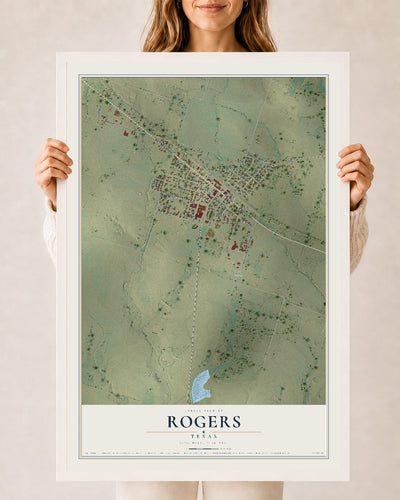 Map of Rogers, Texas, 24 x 36 inch print in a white wood frame