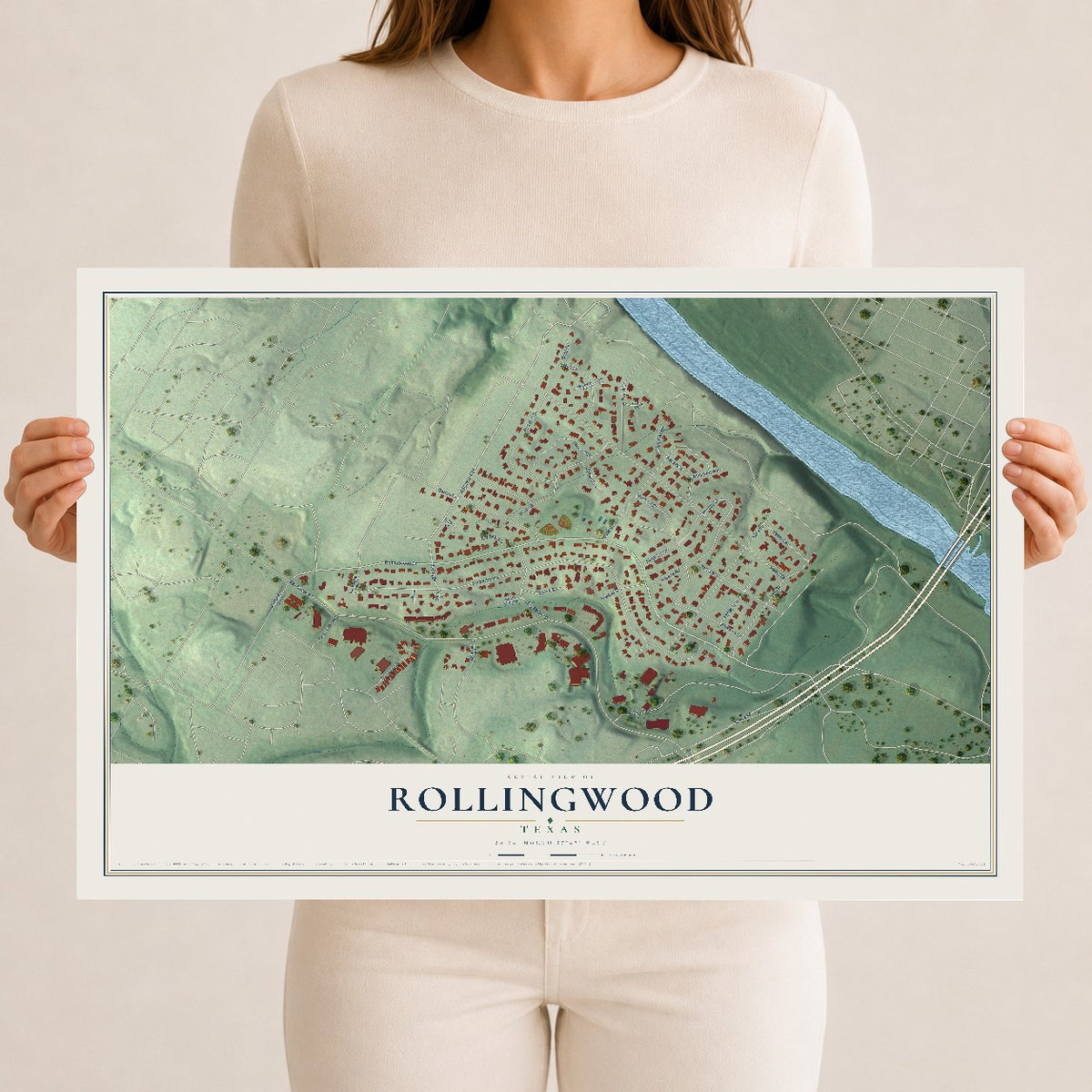 Map of Rollingwood, Texas, 12 x 18 inch unframed archival matte print