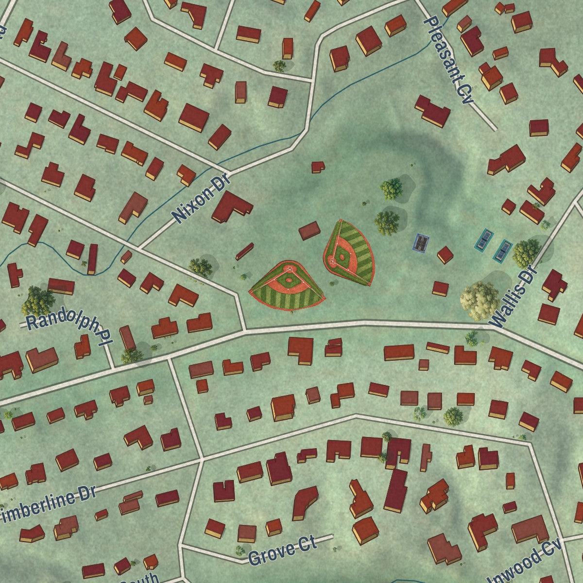 Close-up of the map of Rollingwood, Texas print showing street and building detail