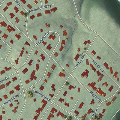 Second close-up of the map of Rollingwood, Texas print showing more streets and buildings
