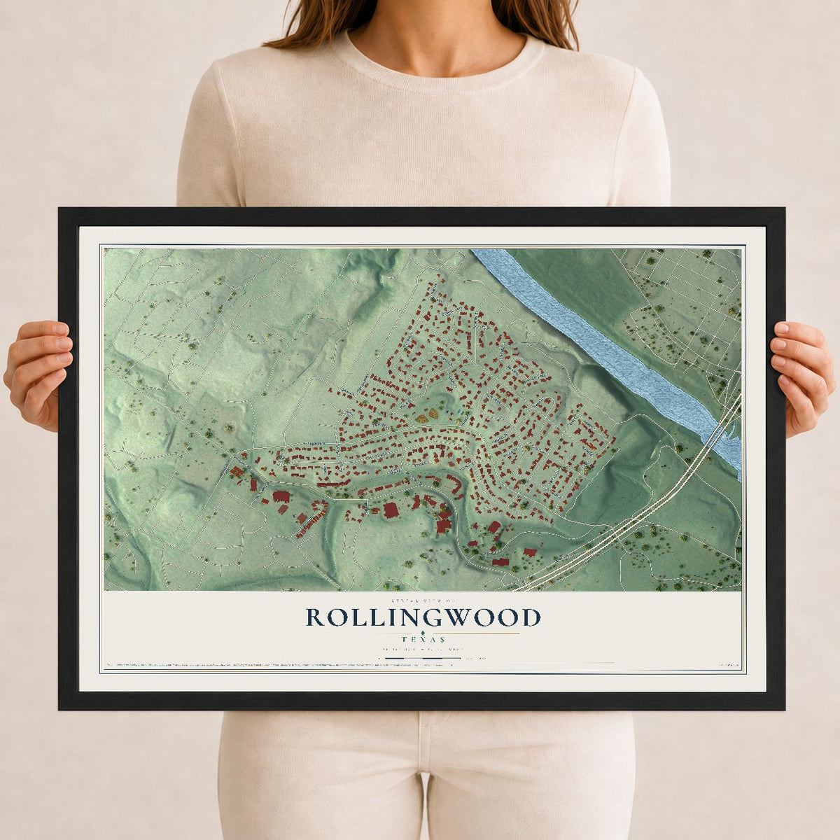Map of Rollingwood, Texas, 12 x 18 inch print in a black wood frame