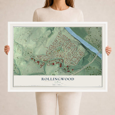 Map of Rollingwood, Texas, 24 x 36 inch print in a white wood frame