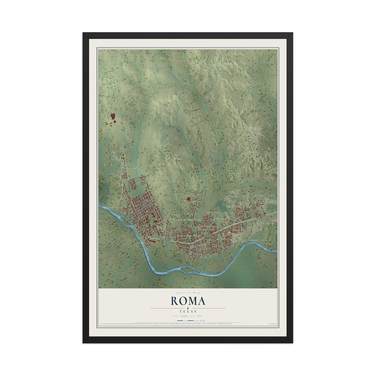 Map of Roma, Texas, 12 x 18 inch print in a black wood frame