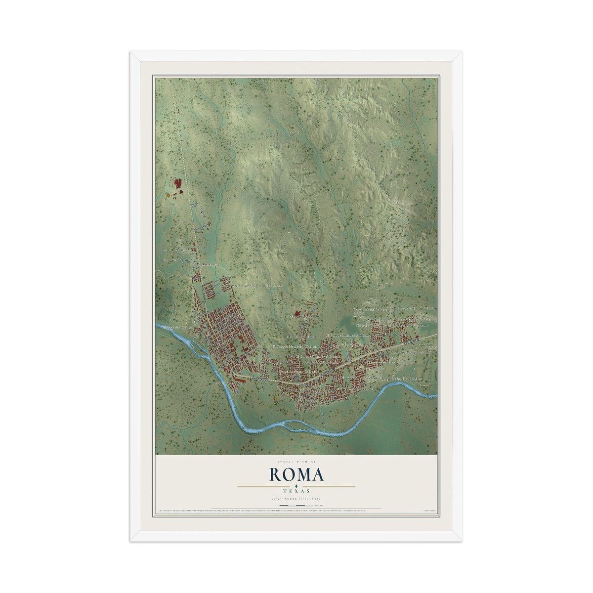 Map of Roma, Texas, 12 x 18 inch print in a white wood frame
