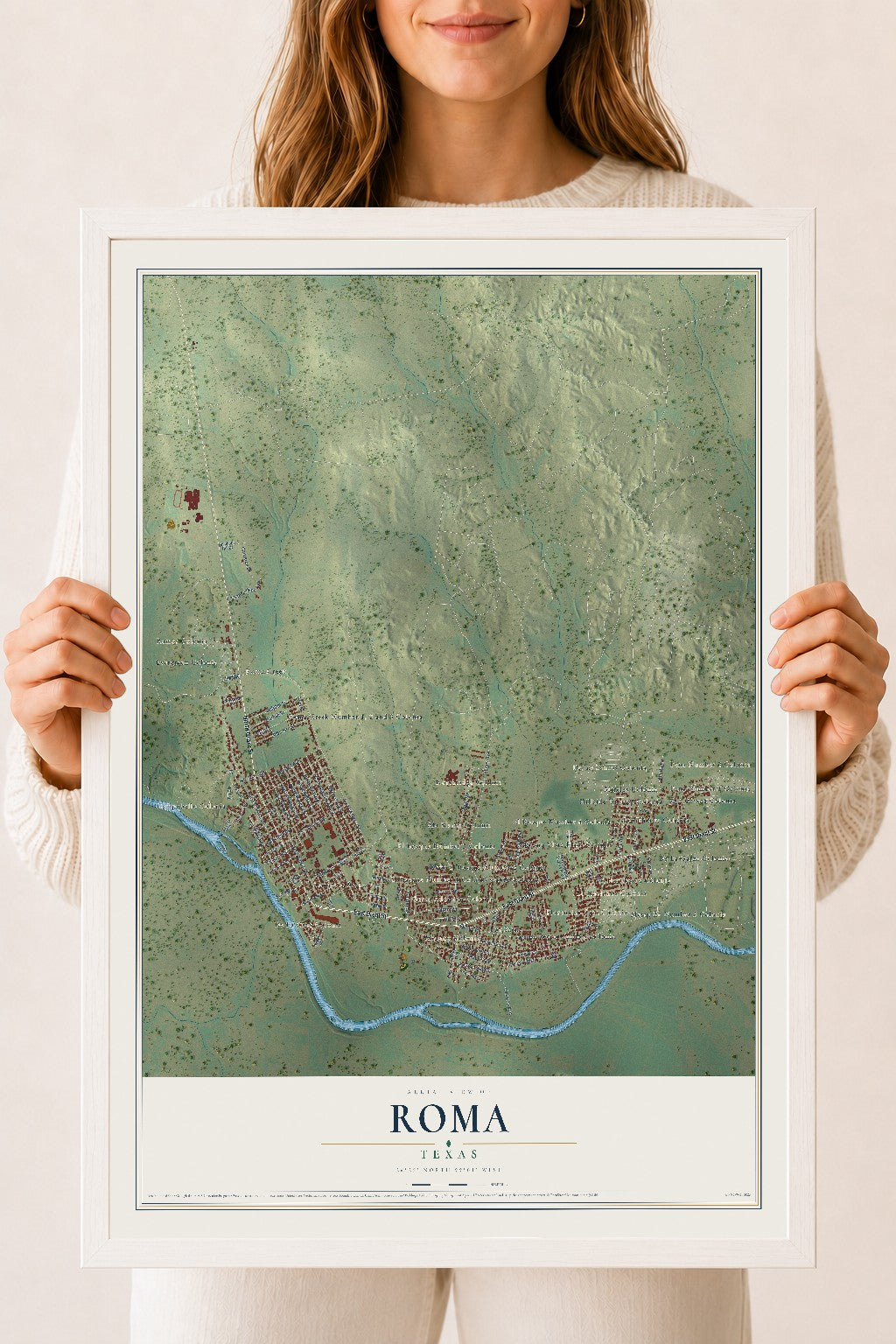 Map of Roma, Texas, 18 x 24 inch print in a white wood frame
