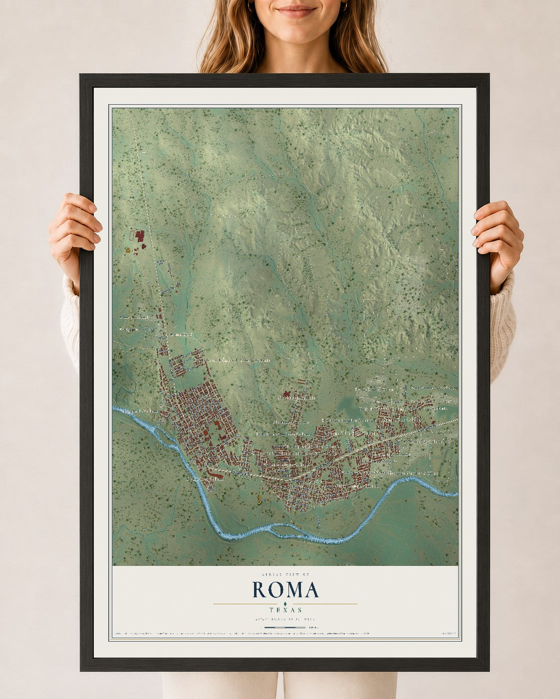 Map of Roma, Texas, 24 x 36 inch print in a black wood frame