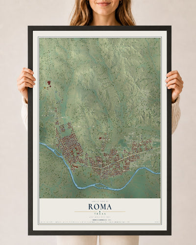 Map of Roma, Texas, 24 x 36 inch print in a black wood frame