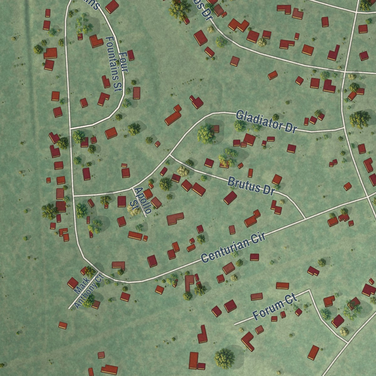 Second close-up of the map of Roman Forest, Texas print showing more streets and buildings