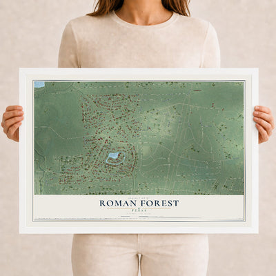 Map of Roman Forest, Texas, 12 x 18 inch print in a white wood frame