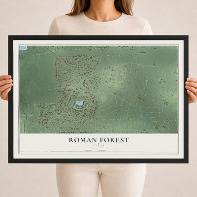 Map of Roman Forest, Texas, 18 x 24 inch print in a black wood frame