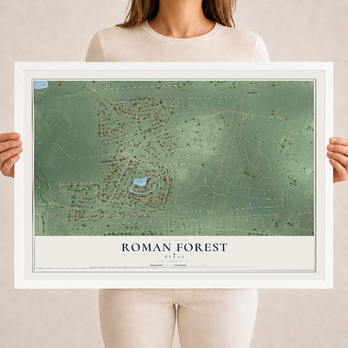 Map of Roman Forest, Texas, 18 x 24 inch print in a white wood frame