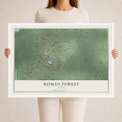 Map of Roman Forest, Texas, 24 x 36 inch print in a white wood frame