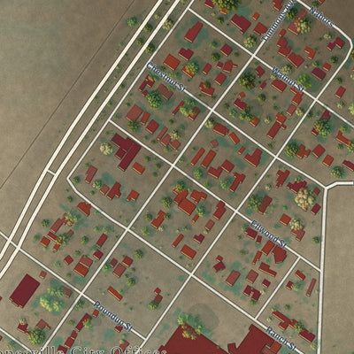 Close-up of the map of Ropesville, Texas print showing street and building detail