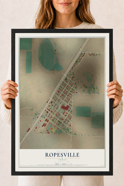 Map of Ropesville, Texas, 18 x 24 inch print in a black wood frame
