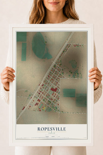 Map of Ropesville, Texas, 18 x 24 inch print in a white wood frame