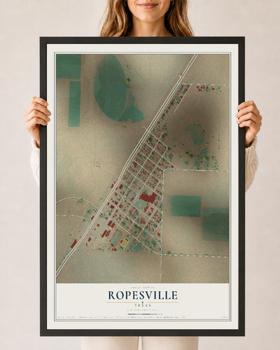 Map of Ropesville, Texas, 24 x 36 inch print in a black wood frame