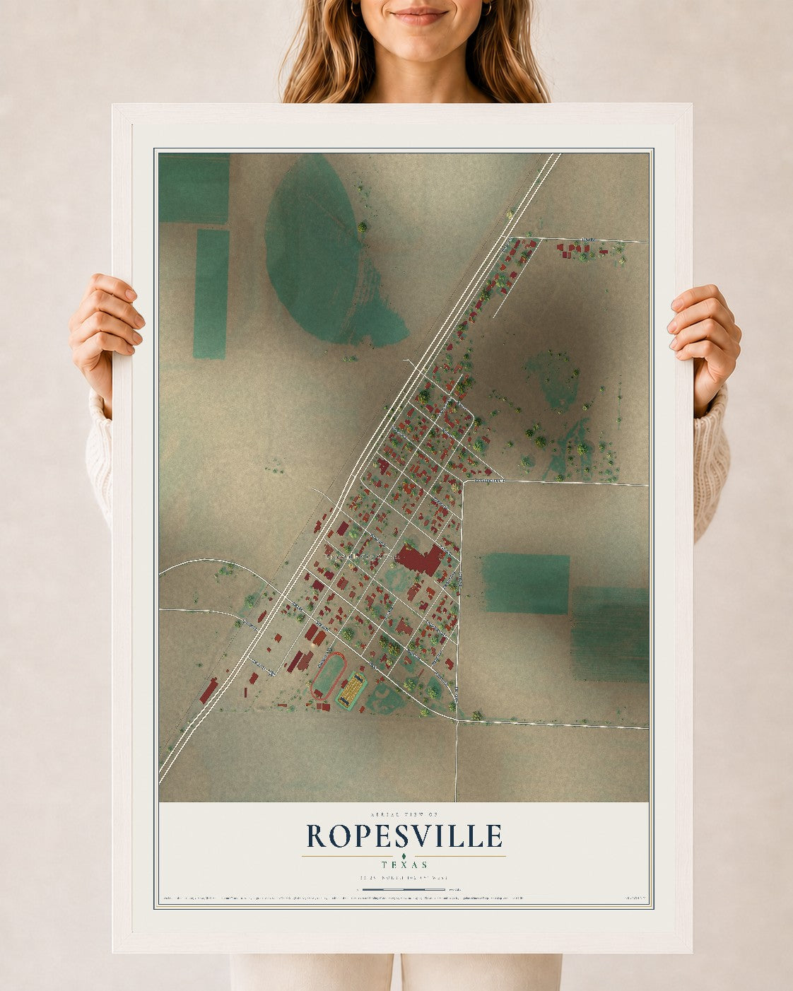 Map of Ropesville, Texas, 24 x 36 inch print in a white wood frame