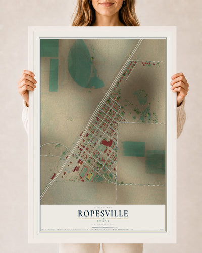 Map of Ropesville, Texas, 24 x 36 inch print in a white wood frame