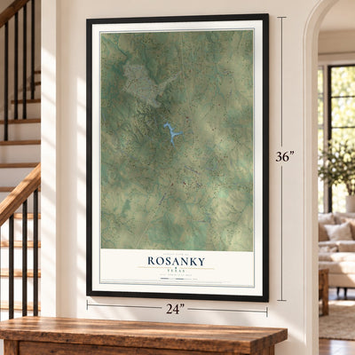 Rosanky, Texas map, 24 x 36 inch print in a black frame by a staircase