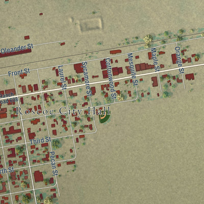 Close-up of the map of Roscoe, Texas print showing street and building detail