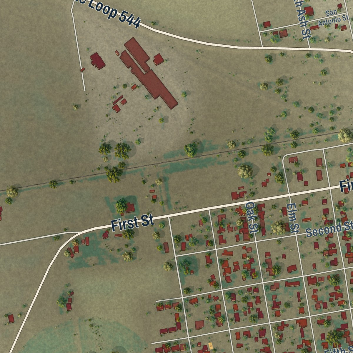 Second close-up of the map of Roscoe, Texas print showing more streets and buildings