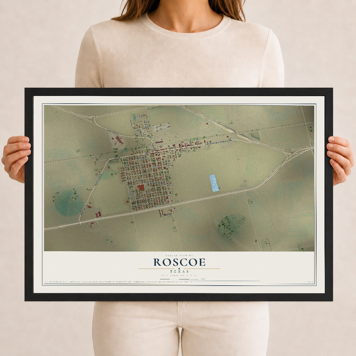 Map of Roscoe, Texas, 12 x 18 inch print in a black wood frame