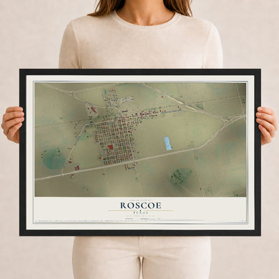 Map of Roscoe, Texas, 12 x 18 inch print in a black wood frame