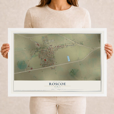 Map of Roscoe, Texas, 12 x 18 inch print in a white wood frame