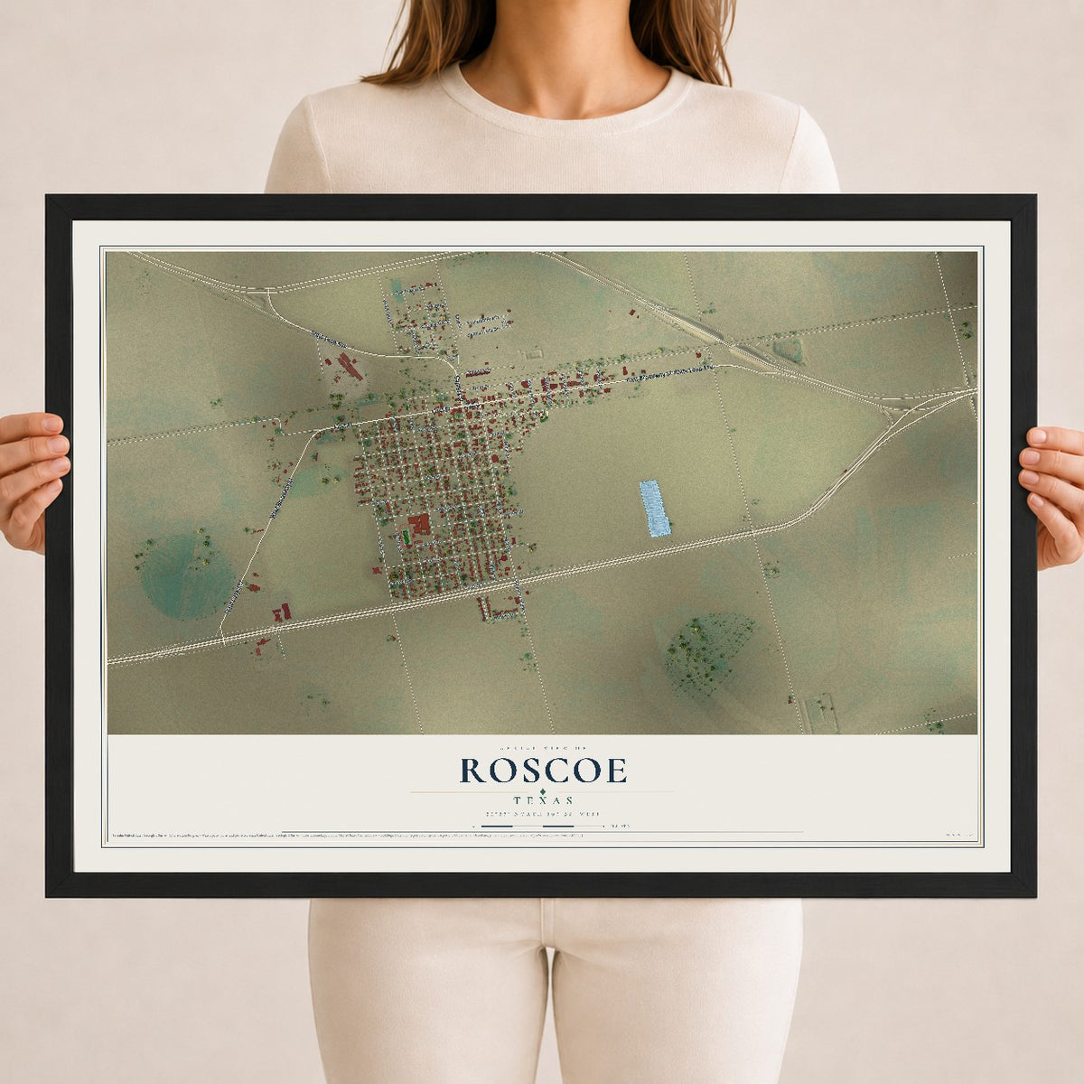 Map of Roscoe, Texas, 18 x 24 inch print in a black wood frame