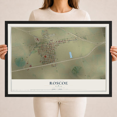 Map of Roscoe, Texas, 18 x 24 inch print in a black wood frame