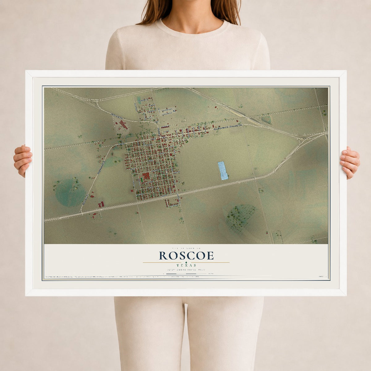 Map of Roscoe, Texas, 24 x 36 inch print in a white wood frame