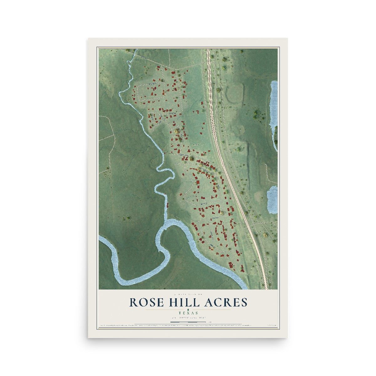 Map of Rose Hill Acres, Texas, 12 x 18 inch unframed archival matte print