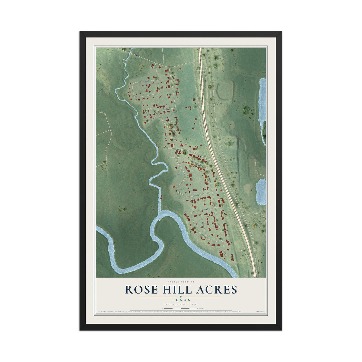 Map of Rose Hill Acres, Texas, 12 x 18 inch print in a black wood frame