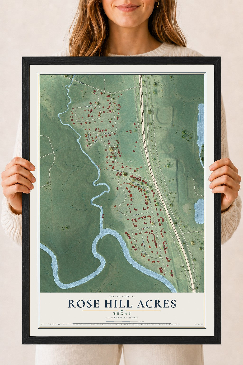 Map of Rose Hill Acres, Texas, 18 x 24 inch print in a black wood frame