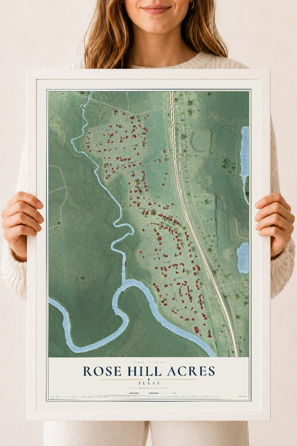 Map of Rose Hill Acres, Texas, 18 x 24 inch print in a white wood frame