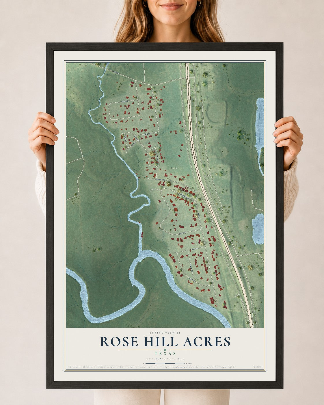 Map of Rose Hill Acres, Texas, 24 x 36 inch print in a black wood frame