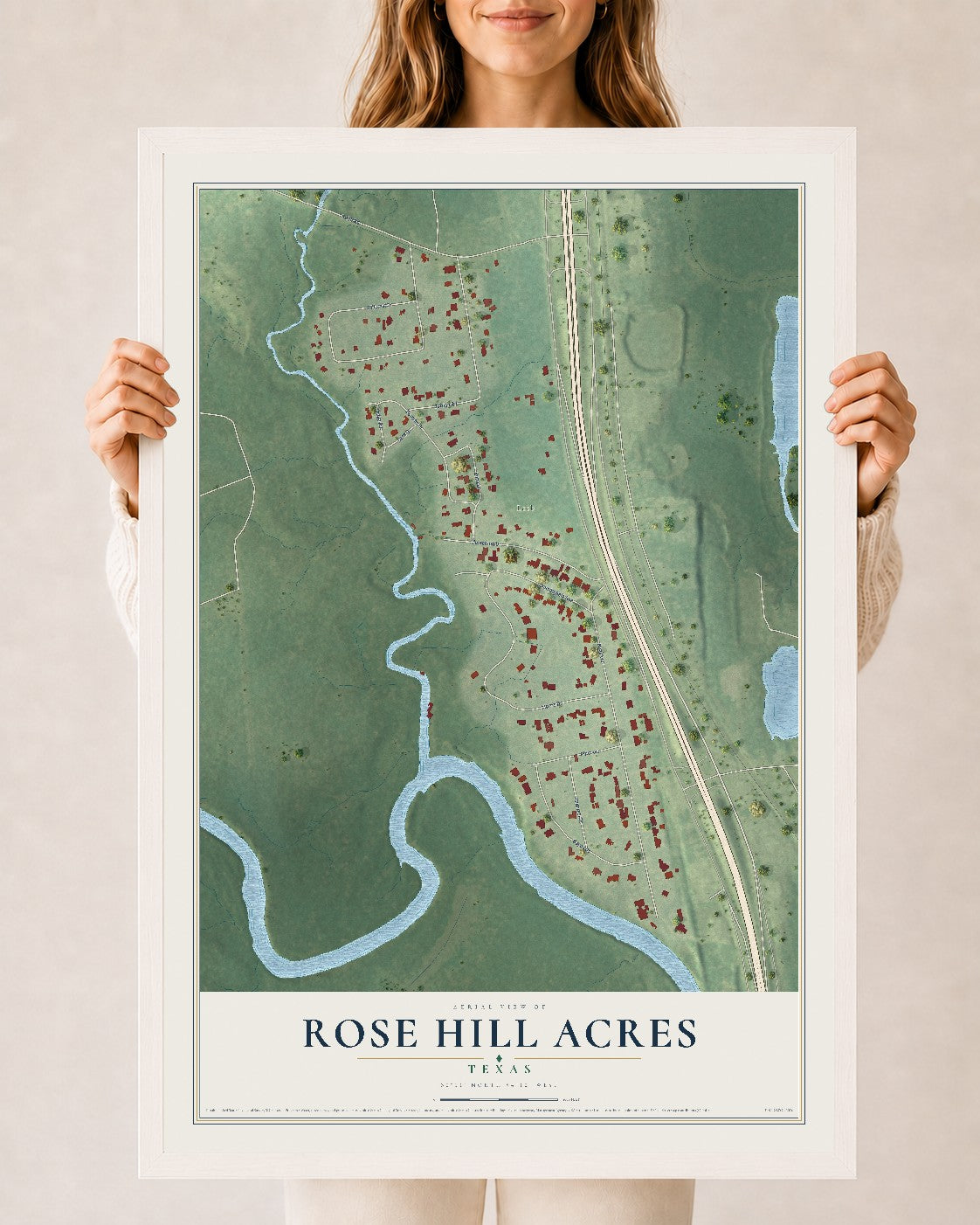 Map of Rose Hill Acres, Texas, 24 x 36 inch print in a white wood frame